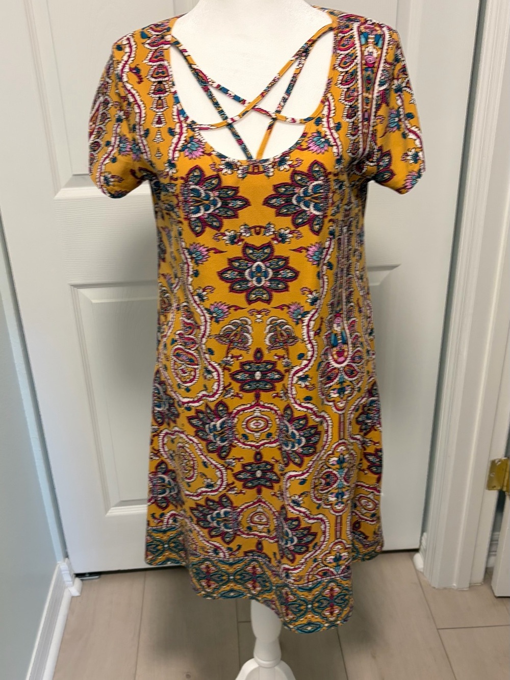 Pink Rose Mustard Paisley Crisscross Neck Short Sleeve Dress